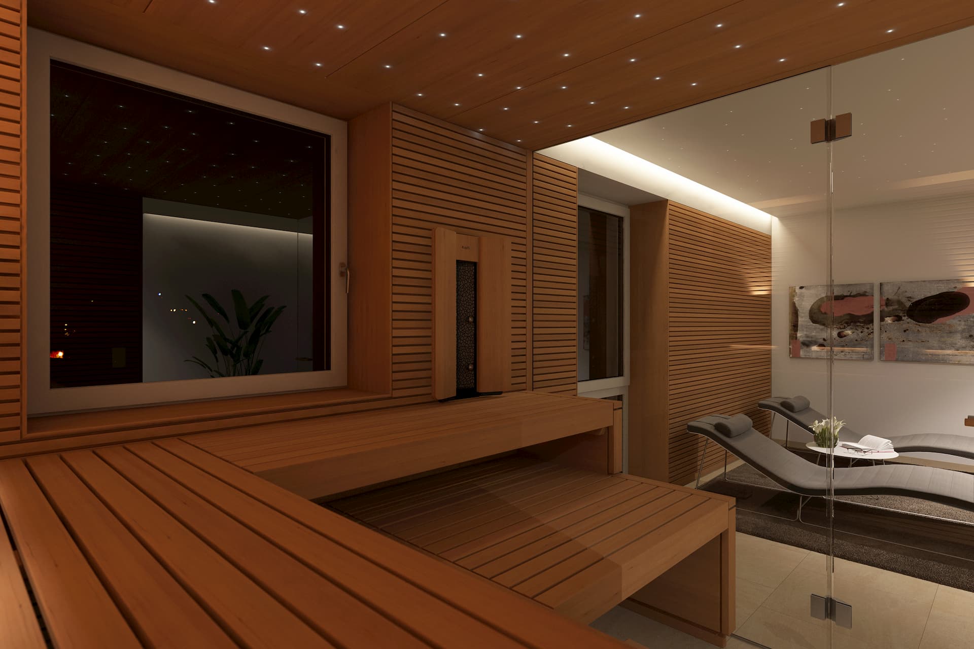 Privater Wellnessbereich mit Blick aus der Sauna